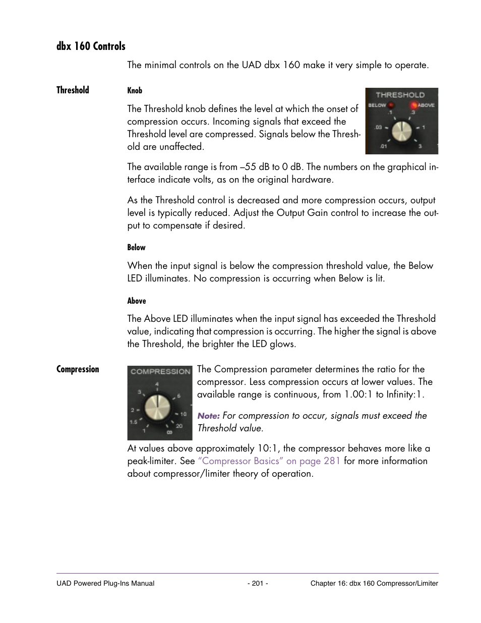 Dbx 160 controls, Threshold, Compression | Universal Audio UAD POWERED PLUG-INS ver.6.1 User Manual | Page 201 / 585