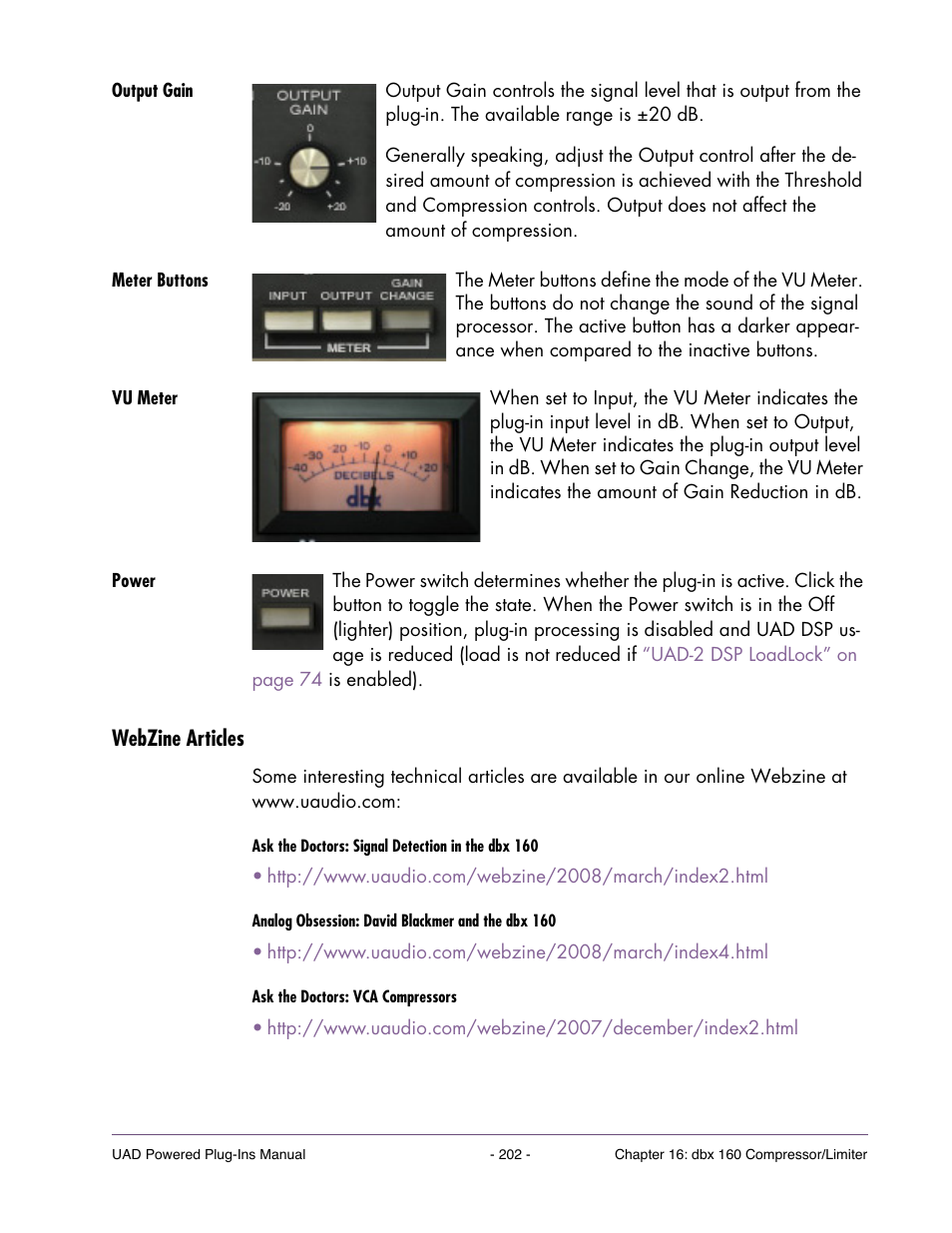 Output gain, Meter buttons, Vu meter | Power, Webzine articles | Universal Audio UAD POWERED PLUG-INS ver.6.1 User Manual | Page 202 / 585