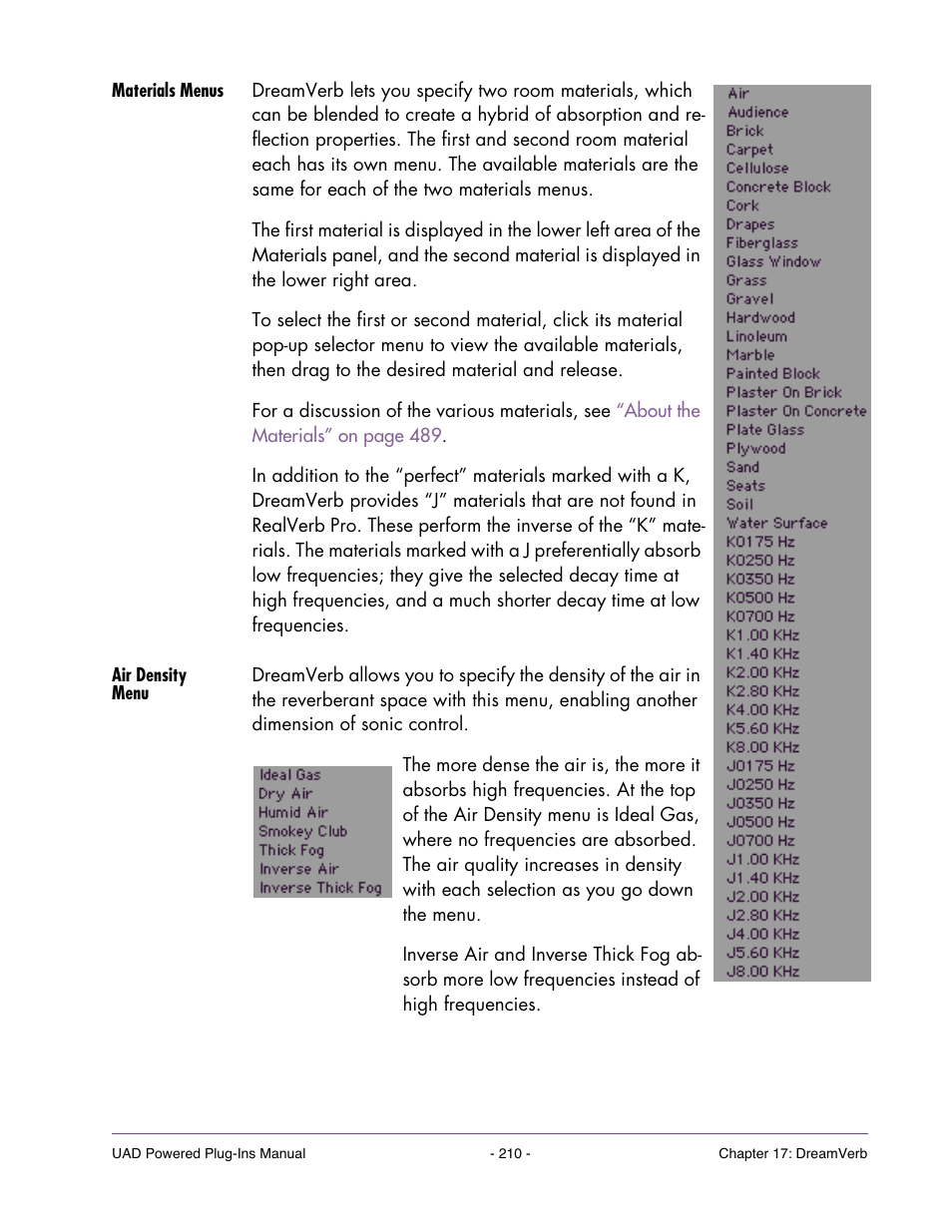 Materials menus, Air density menu | Universal Audio UAD POWERED PLUG-INS ver.6.1 User Manual | Page 210 / 585