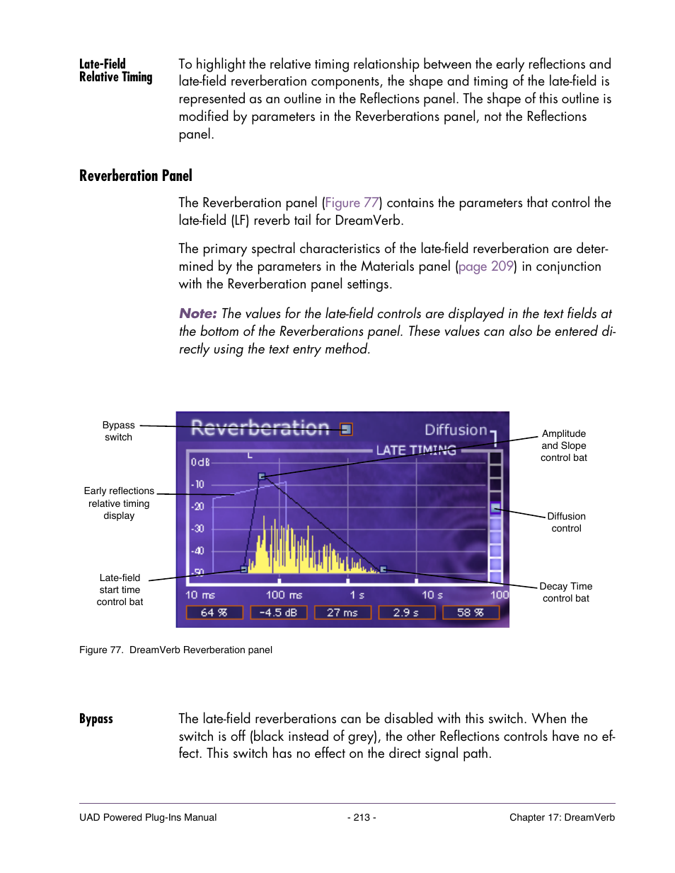 Late-field relative timing, Reverberation panel, Bypass | Finally, the positioning, The reverberation panel (see | Universal Audio UAD POWERED PLUG-INS ver.6.1 User Manual | Page 213 / 585