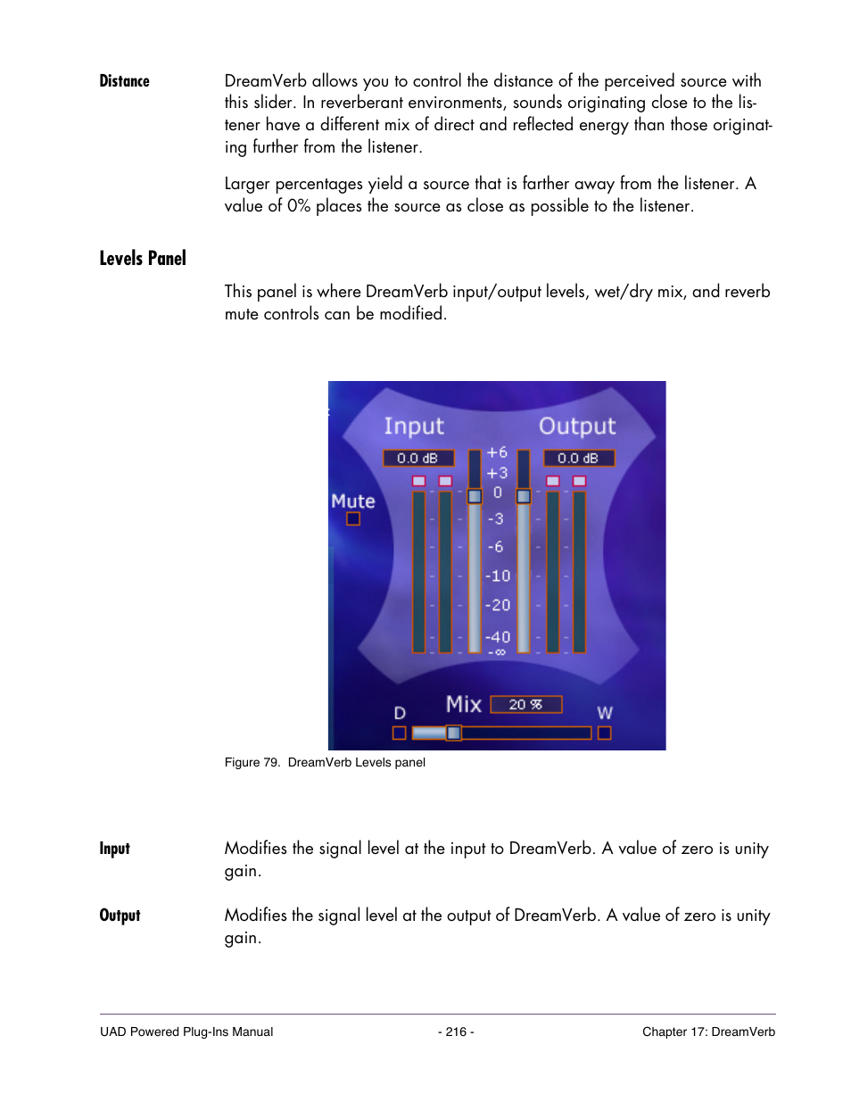 Distance, Levels panel, Input | Output | Universal Audio UAD POWERED PLUG-INS ver.6.1 User Manual | Page 216 / 585