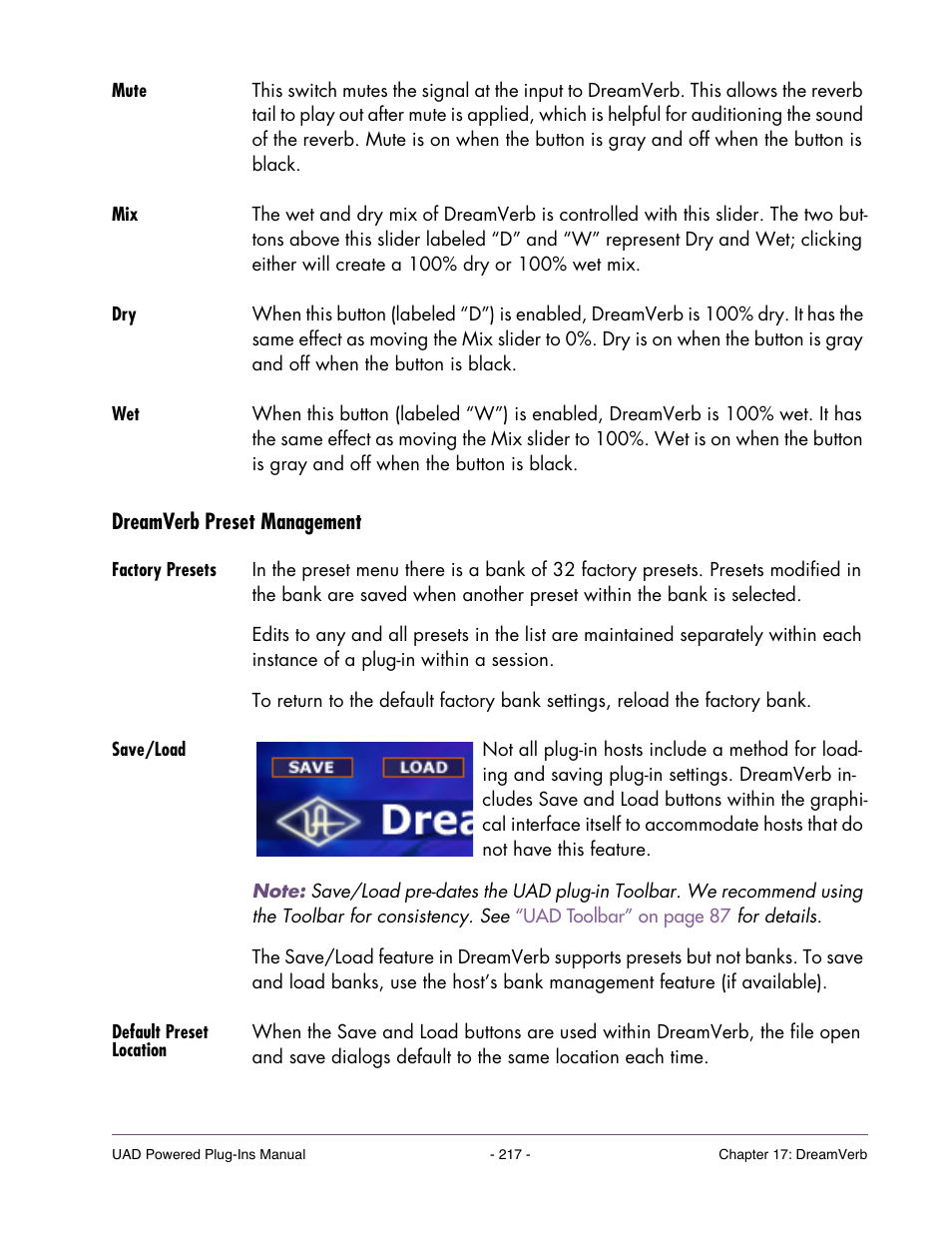 Mute, Dreamverb preset management, Factory presets | Save/load, Default preset location | Universal Audio UAD POWERED PLUG-INS ver.6.1 User Manual | Page 217 / 585