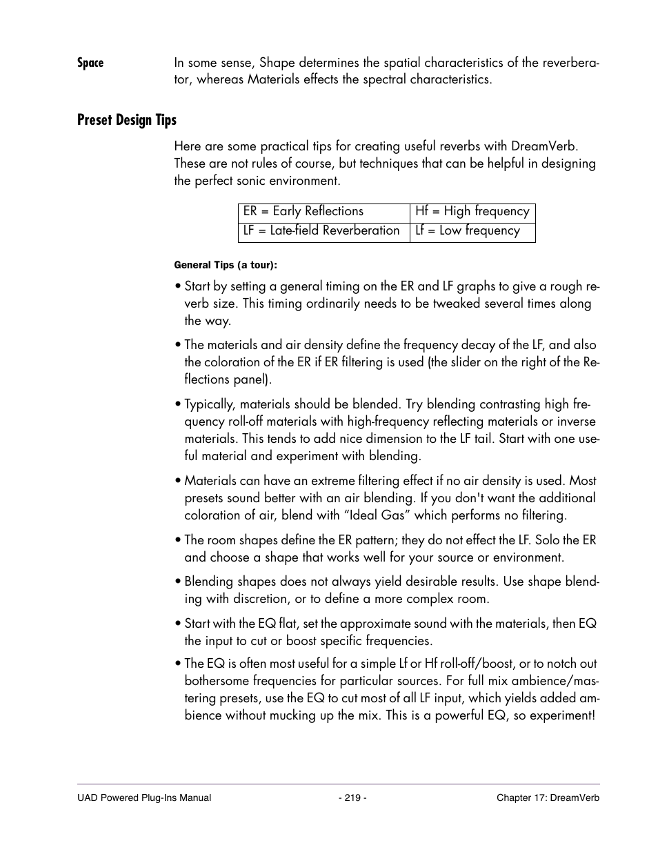 Space, Preset design tips | Universal Audio UAD POWERED PLUG-INS ver.6.1 User Manual | Page 219 / 585