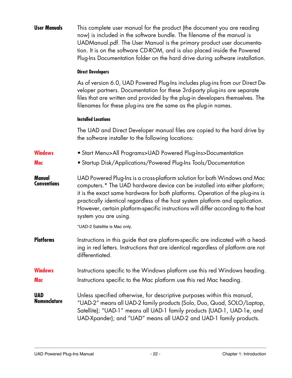 User manuals, Manual conventions, Platforms | Uad nomenclature | Universal Audio UAD POWERED PLUG-INS ver.6.1 User Manual | Page 22 / 585