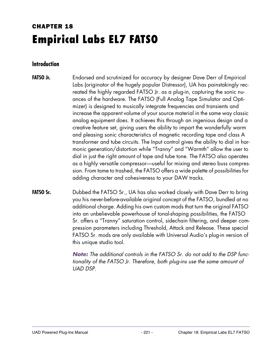 Empirical labs el7 fatso, Introduction, Fatso jr | Fatso sr, Chapter 18. empirical labs el7 fatso | Universal Audio UAD POWERED PLUG-INS ver.6.1 User Manual | Page 221 / 585