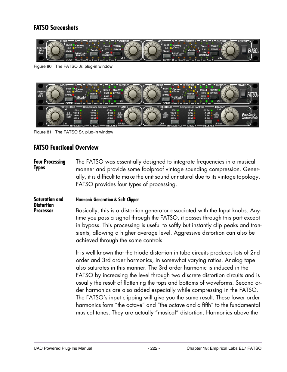 Fatso screenshots, Fatso functional overview, Four processing types | Saturation and distortion processor, Fatso screenshots fatso functional overview | Universal Audio UAD POWERED PLUG-INS ver.6.1 User Manual | Page 222 / 585