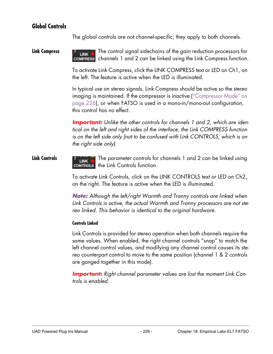 Global controls, Link compress, Link controls | Link controls” on, Or unlinked when dual-mono operation is desired | Universal Audio UAD POWERED PLUG-INS ver.6.1 User Manual | Page 229 / 585