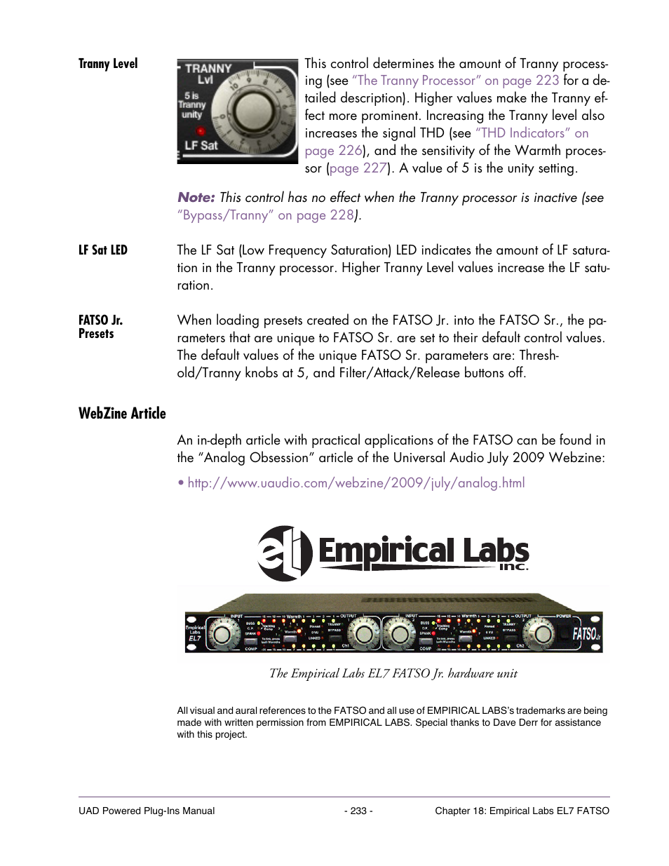 Tranny level, Lf sat led, Fatso jr. presets | Webzine article, Control | Universal Audio UAD POWERED PLUG-INS ver.6.1 User Manual | Page 233 / 585