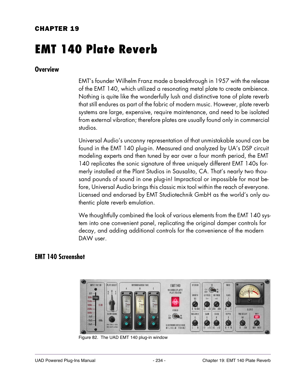 Emt 140 plate reverb, Overview, Emt 140 screenshot | Chapter 19. emt 140 plate reverb | Universal Audio UAD POWERED PLUG-INS ver.6.1 User Manual | Page 234 / 585