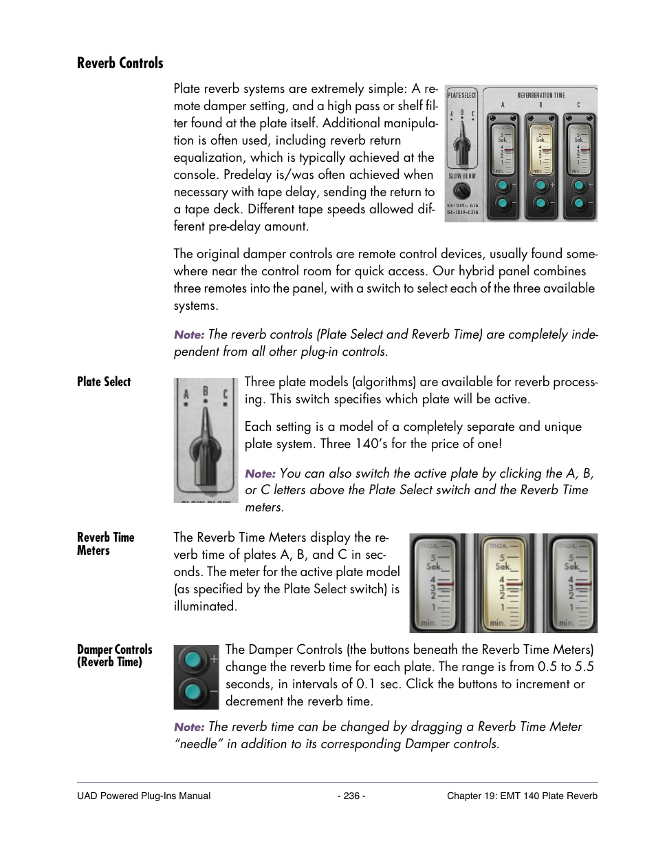 Reverb controls, Plate select, Reverb time meters | Damper controls (reverb time) | Universal Audio UAD POWERED PLUG-INS ver.6.1 User Manual | Page 236 / 585