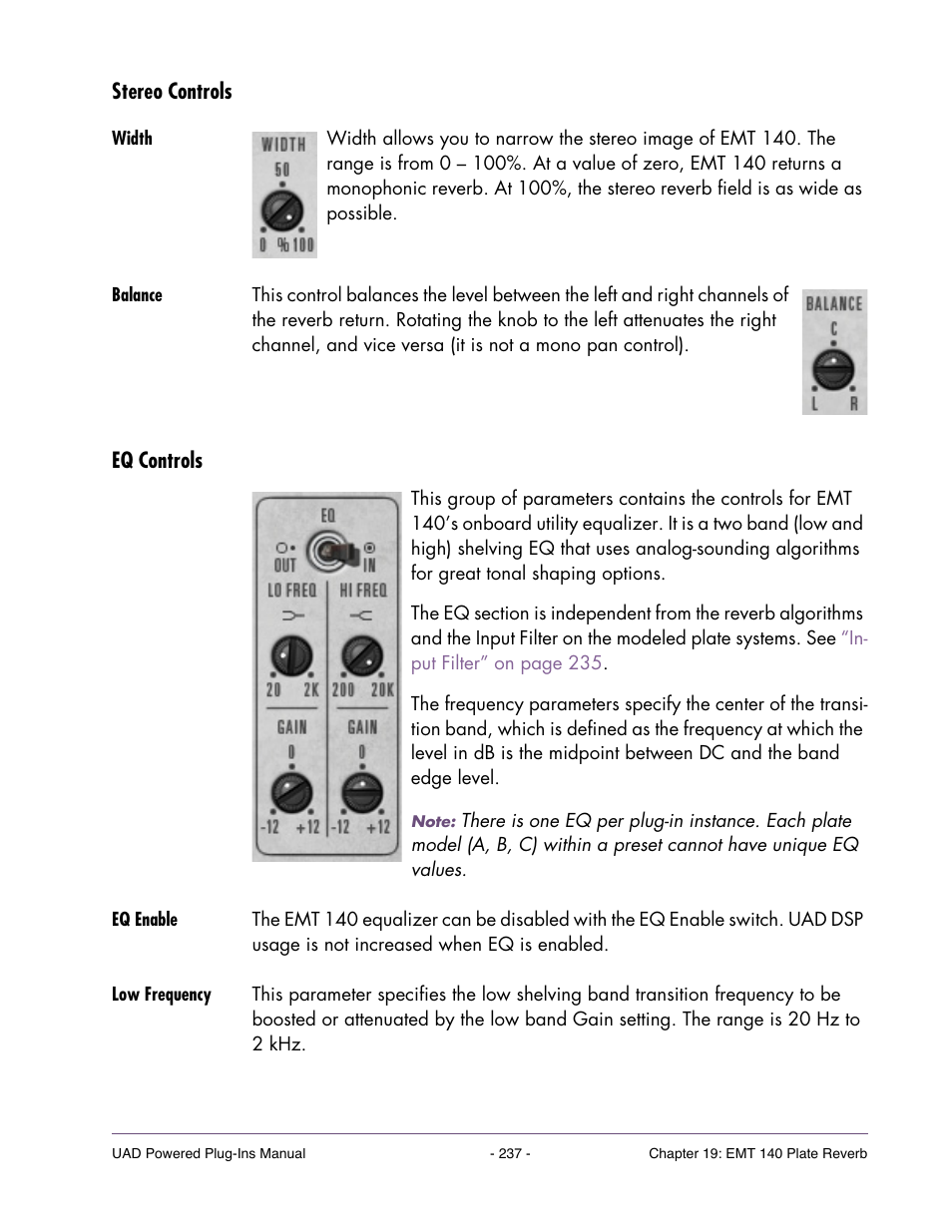 Stereo controls, Width, Balance | Eq controls, Eq enable, Low frequency | Universal Audio UAD POWERED PLUG-INS ver.6.1 User Manual | Page 237 / 585