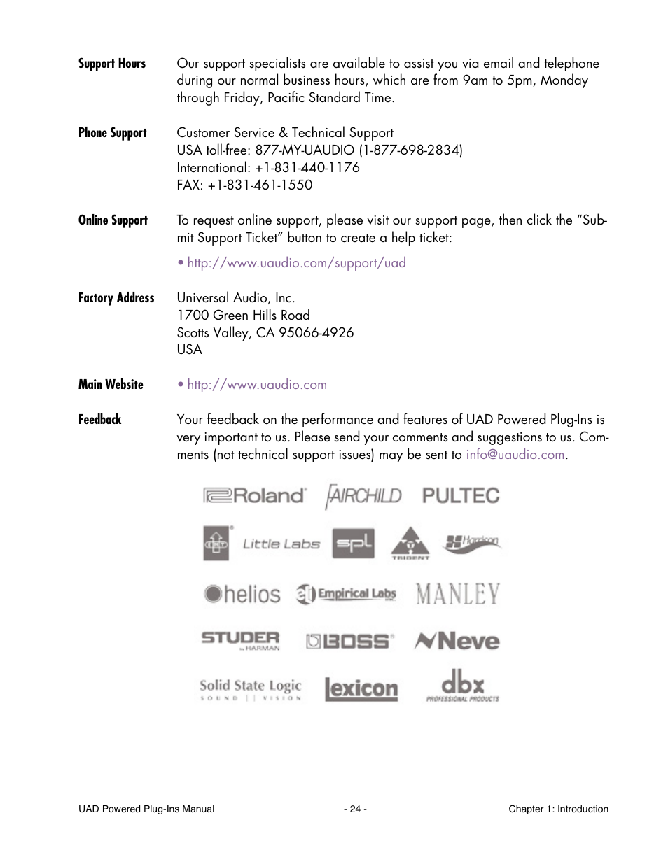 Support hours, Phone support, Online support | Factory address, Main website, Feedback | Universal Audio UAD POWERED PLUG-INS ver.6.1 User Manual | Page 24 / 585