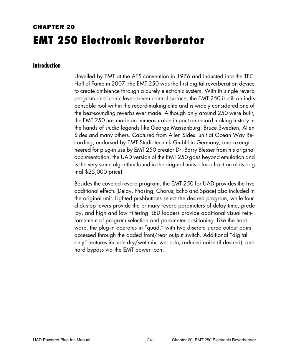 Emt 250 electronic reverberator, Introduction, Chapter 20. emt 250 electronic reverberator | Universal Audio UAD POWERED PLUG-INS ver.6.1 User Manual | Page 241 / 585