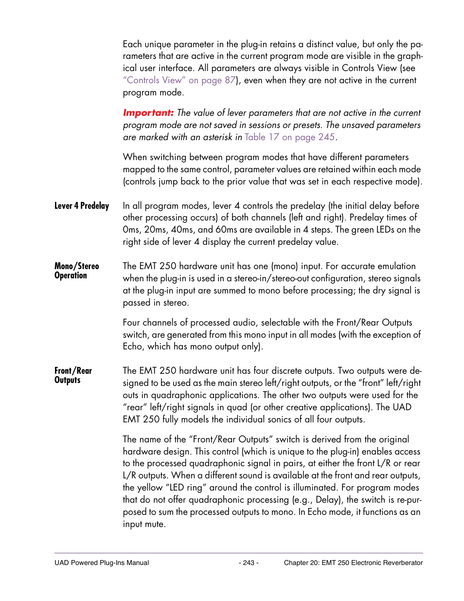 Lever 4 predelay, Mono/stereo operation, Front/rear outputs | Universal Audio UAD POWERED PLUG-INS ver.6.1 User Manual | Page 243 / 585