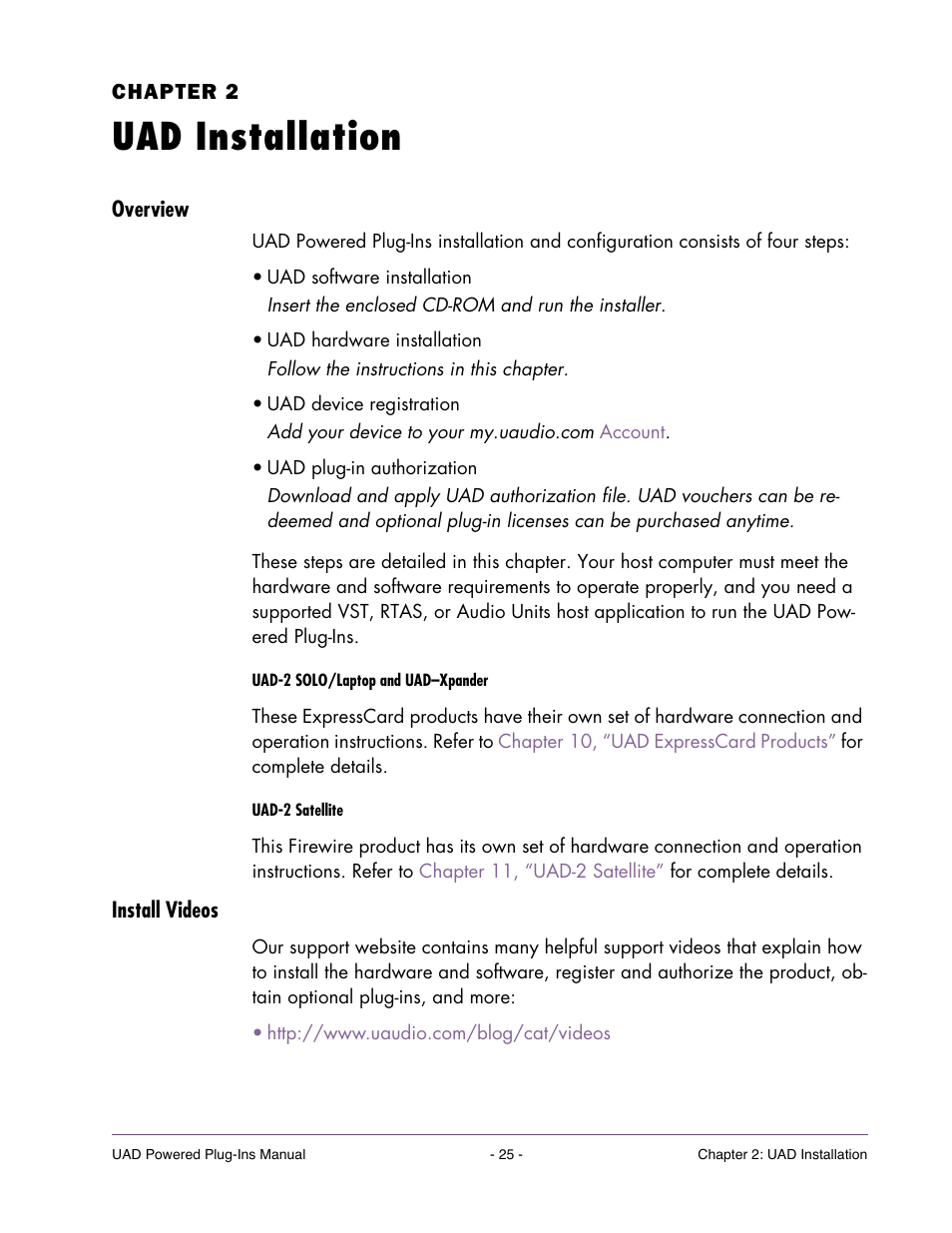 Uad installation, Overview, Install videos | Chapter 2. uad installation | Universal Audio UAD POWERED PLUG-INS ver.6.1 User Manual | Page 25 / 585