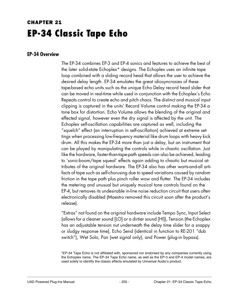 Ep-34 classic tape echo, Ep-34 overview, Chapter 21. ep-34 classic tape echo | Universal Audio UAD POWERED PLUG-INS ver.6.1 User Manual | Page 255 / 585