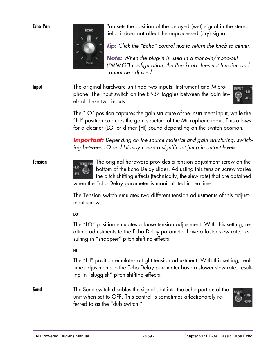 Echo pan, Input, Tension | Send | Universal Audio UAD POWERED PLUG-INS ver.6.1 User Manual | Page 259 / 585