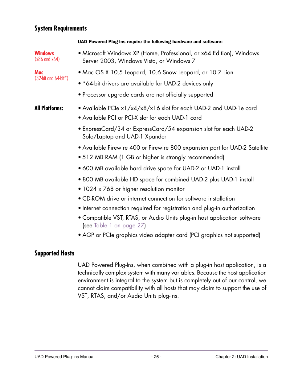System requirements, All platforms, Supported hosts | Universal Audio UAD POWERED PLUG-INS ver.6.1 User Manual | Page 26 / 585