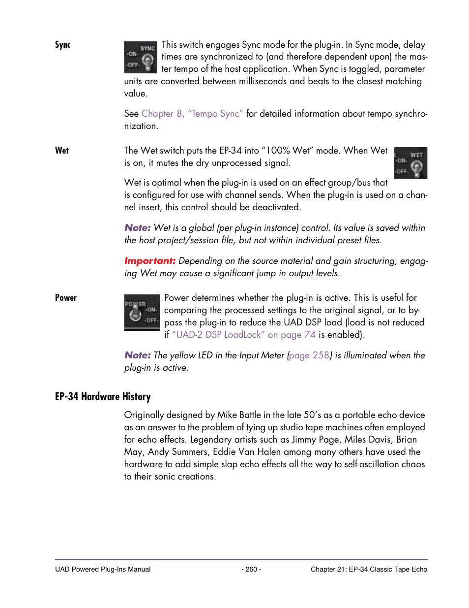 Sync, Power, Ep-34 hardware history | When, Is in the on position, echo volume | Universal Audio UAD POWERED PLUG-INS ver.6.1 User Manual | Page 260 / 585