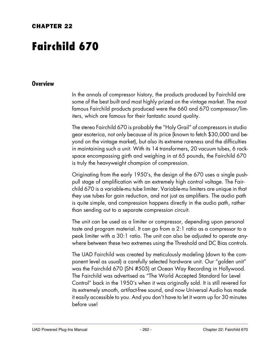 Fairchild 670, Overview, Chapter 22. fairchild 670 | Universal Audio UAD POWERED PLUG-INS ver.6.1 User Manual | Page 262 / 585