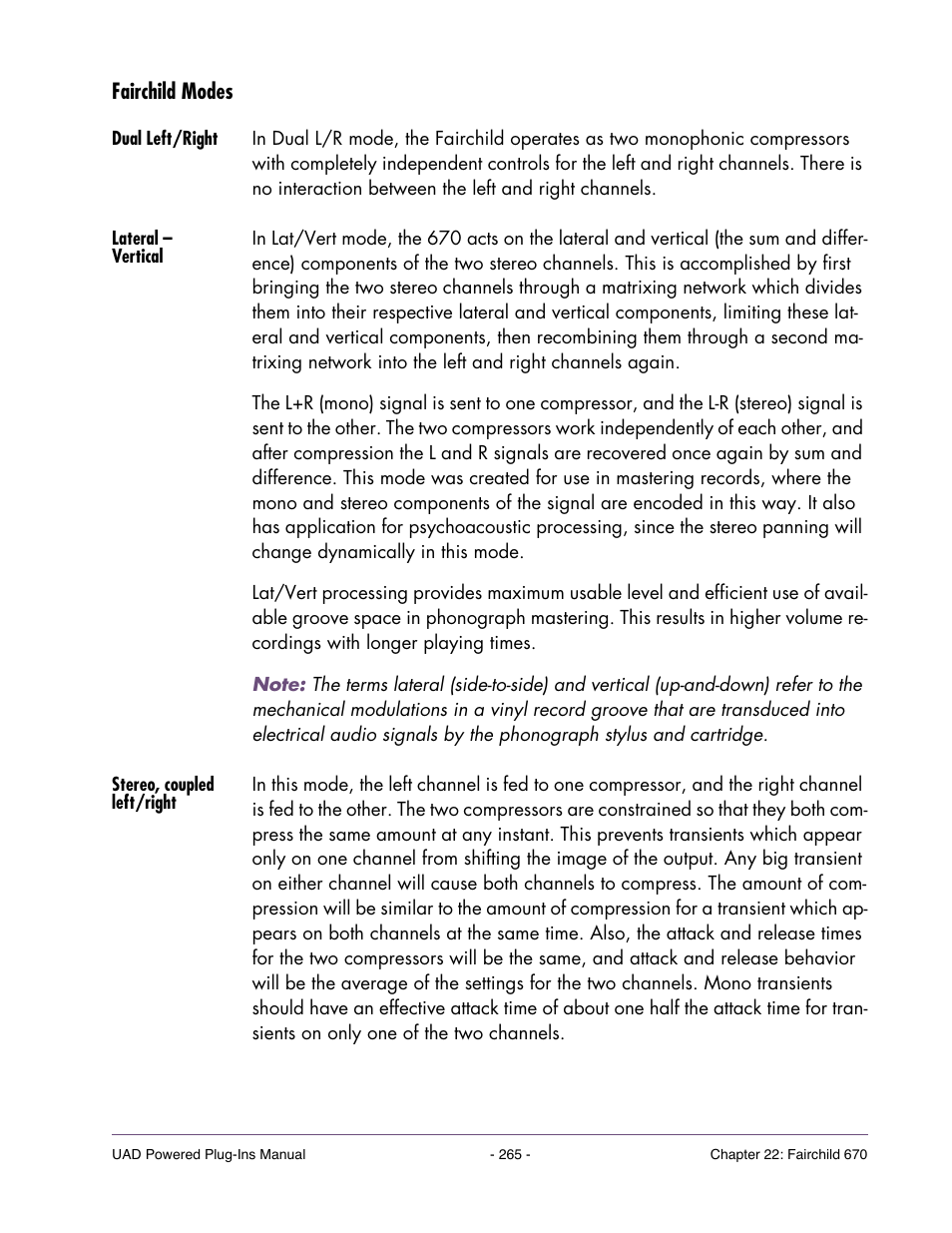 Fairchild modes, Dual left/right, Lateral – vertical | Stereo, coupled left/right | Universal Audio UAD POWERED PLUG-INS ver.6.1 User Manual | Page 265 / 585