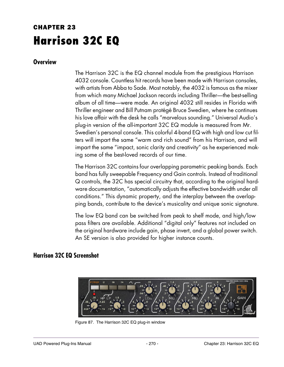 Harrison 32c eq, Overview, Harrison 32c eq screenshot | Chapter 23. harrison 32c eq | Universal Audio UAD POWERED PLUG-INS ver.6.1 User Manual | Page 270 / 585