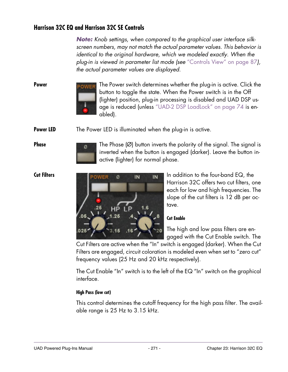 Harrison 32c eq and harrison 32c se controls, Power, Power led | Phase, Cut filters | Universal Audio UAD POWERED PLUG-INS ver.6.1 User Manual | Page 271 / 585