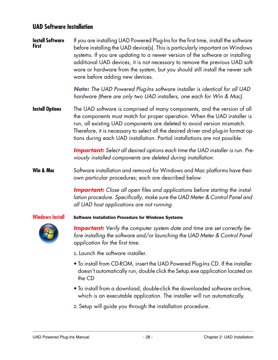 Uad software installation, Install software first, Install options | Win & mac | Universal Audio UAD POWERED PLUG-INS ver.6.1 User Manual | Page 28 / 585