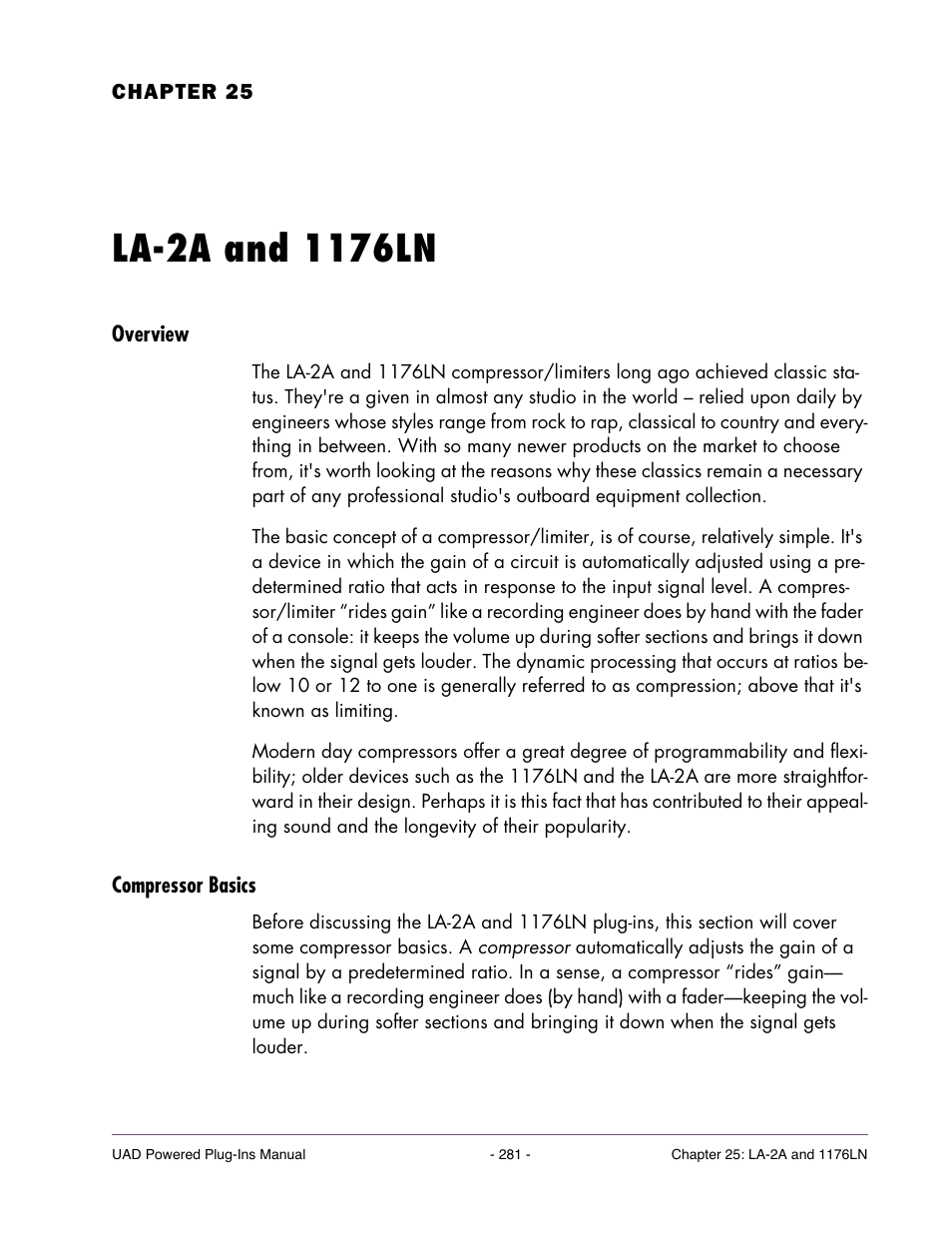 La-2a and 1176ln, Overview, Compressor basics | Chapter 25. la-2a and 1176ln | Universal Audio UAD POWERED PLUG-INS ver.6.1 User Manual | Page 281 / 585