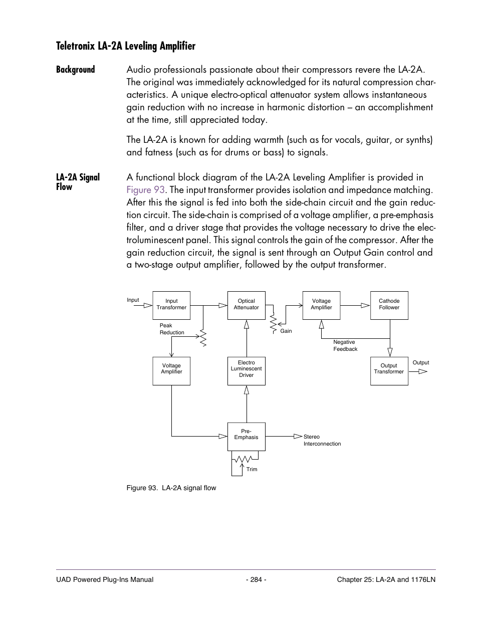 Teletronix la-2a leveling amplifier, Background, La-2a signal flow | Universal Audio UAD POWERED PLUG-INS ver.6.1 User Manual | Page 284 / 585