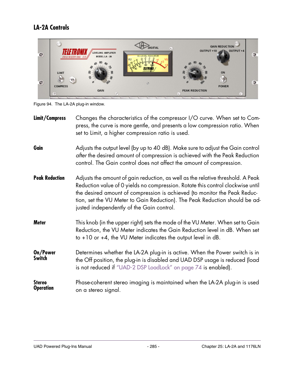 La-2a controls, Limit/compress, Gain | Peak reduction, Meter, On/power switch, Stereo operation | Universal Audio UAD POWERED PLUG-INS ver.6.1 User Manual | Page 285 / 585