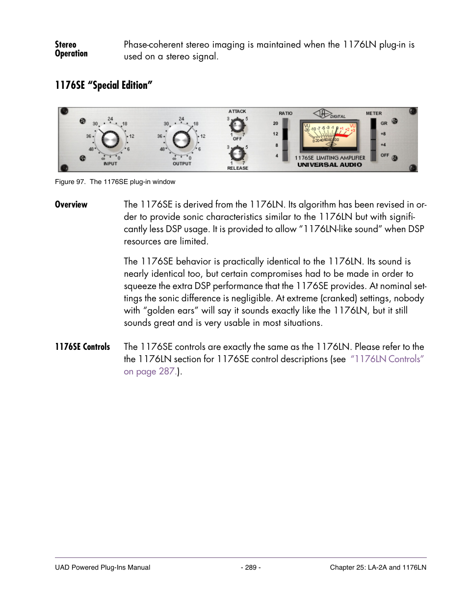 Stereo operation, 1176se “special edition, Overview | 1176se controls | Universal Audio UAD POWERED PLUG-INS ver.6.1 User Manual | Page 289 / 585