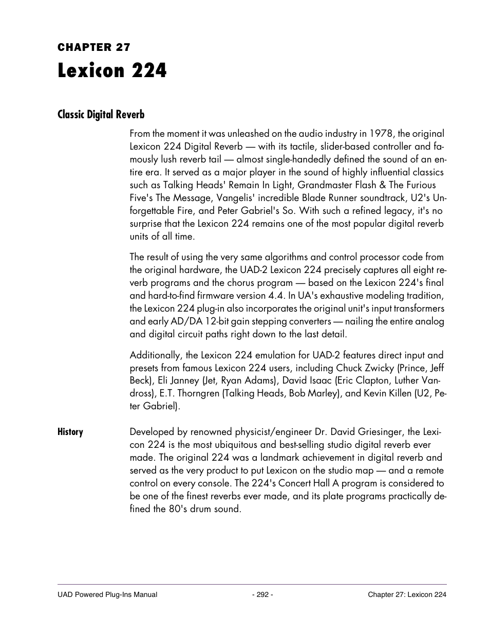 Lexicon 224, Classic digital reverb, History | Chapter 27. lexicon 224 | Universal Audio UAD POWERED PLUG-INS ver.6.1 User Manual | Page 292 / 585