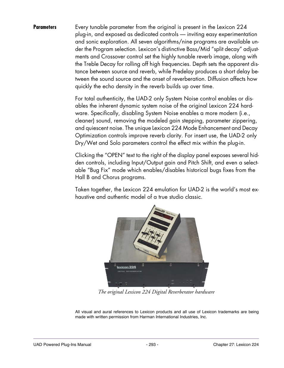 Parameters | Universal Audio UAD POWERED PLUG-INS ver.6.1 User Manual | Page 293 / 585