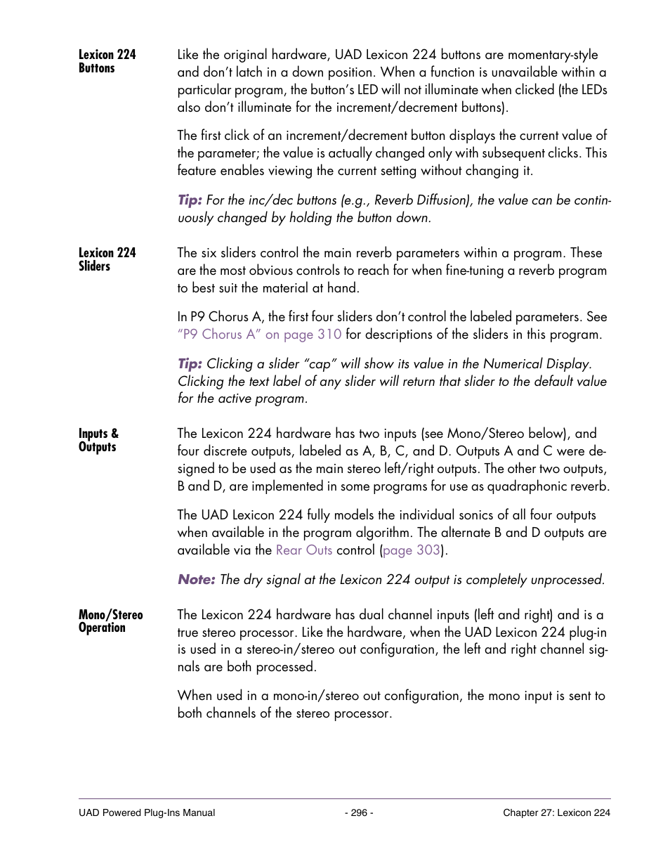 Lexicon 224 buttons, Lexicon 224 sliders, Inputs & outputs | Mono/stereo operation | Universal Audio UAD POWERED PLUG-INS ver.6.1 User Manual | Page 296 / 585