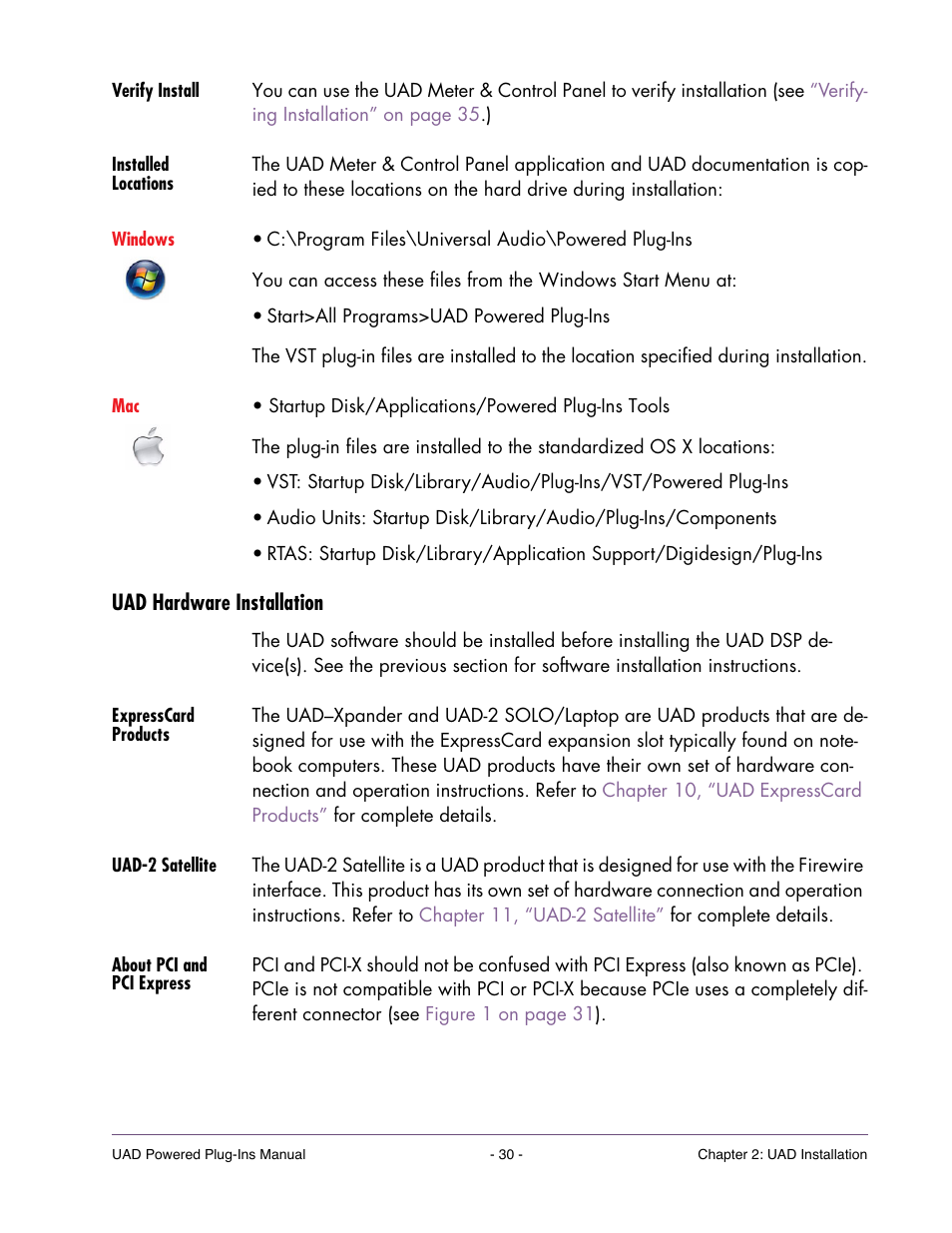 Verify install, Installed locations, Uad hardware installation | Expresscard products, Uad-2 satellite, About pci and pci express | Universal Audio UAD POWERED PLUG-INS ver.6.1 User Manual | Page 30 / 585