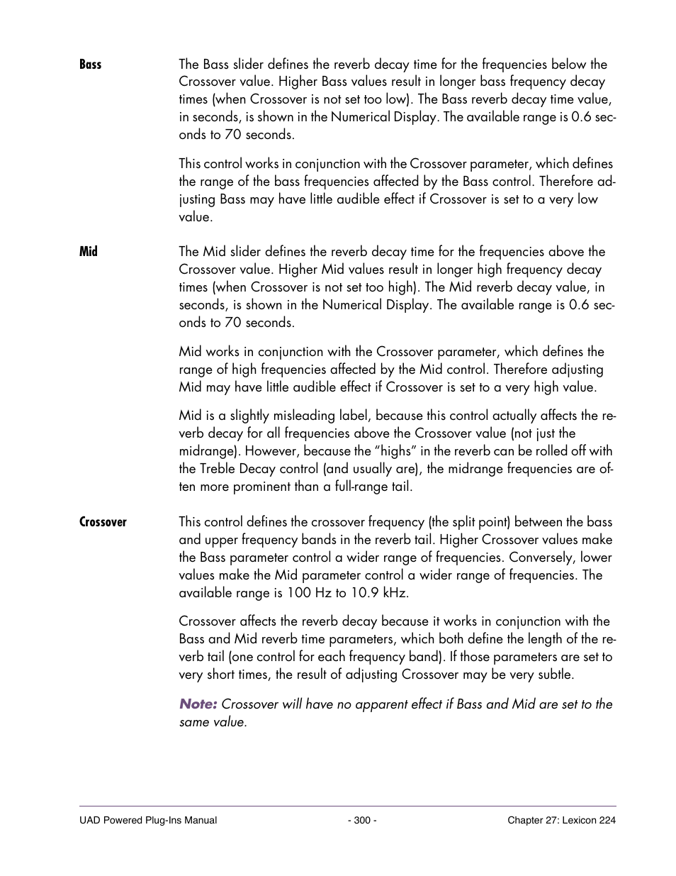 Bass, Crossover | Universal Audio UAD POWERED PLUG-INS ver.6.1 User Manual | Page 300 / 585