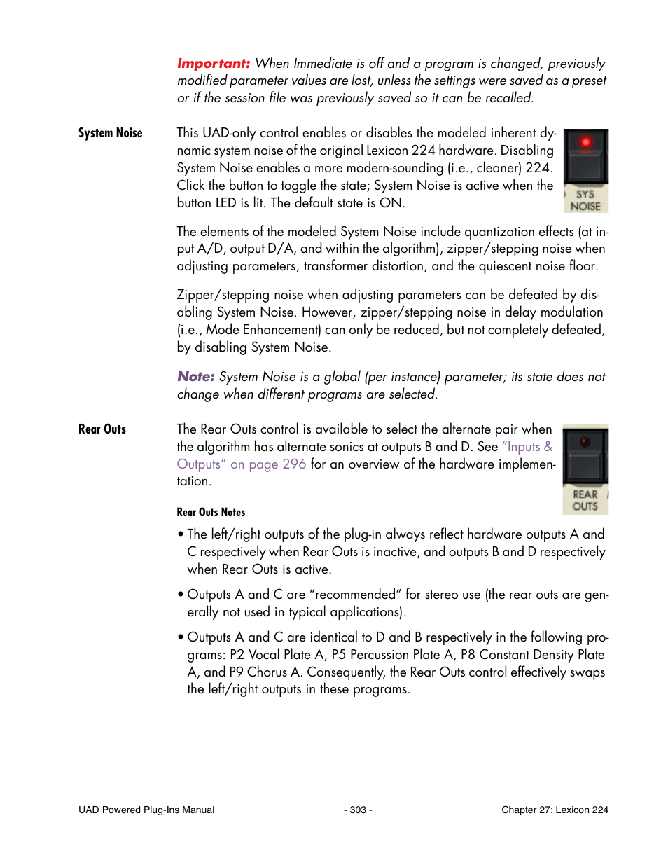 System noise, Rear outs, Available via the | Control | Universal Audio UAD POWERED PLUG-INS ver.6.1 User Manual | Page 303 / 585