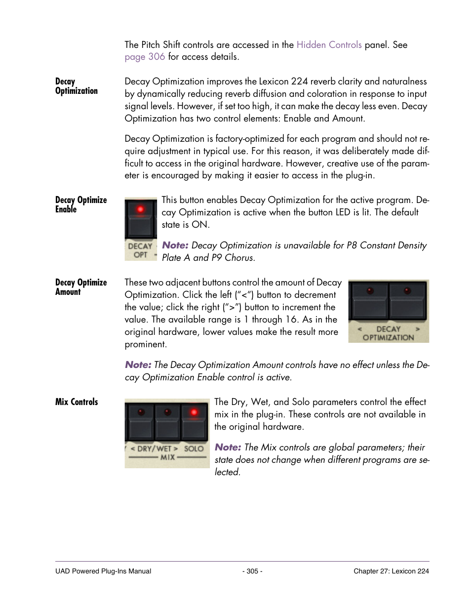 Decay optimization, Decay optimize enable, Decay optimize amount | Mix controls | Universal Audio UAD POWERED PLUG-INS ver.6.1 User Manual | Page 305 / 585