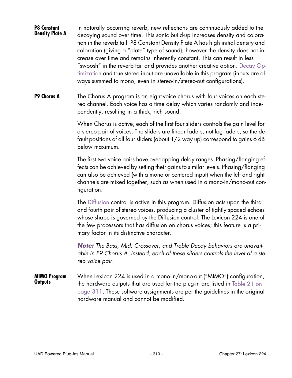 P8 constant density plate a, P9 chorus a, Mimo program outputs | Universal Audio UAD POWERED PLUG-INS ver.6.1 User Manual | Page 310 / 585