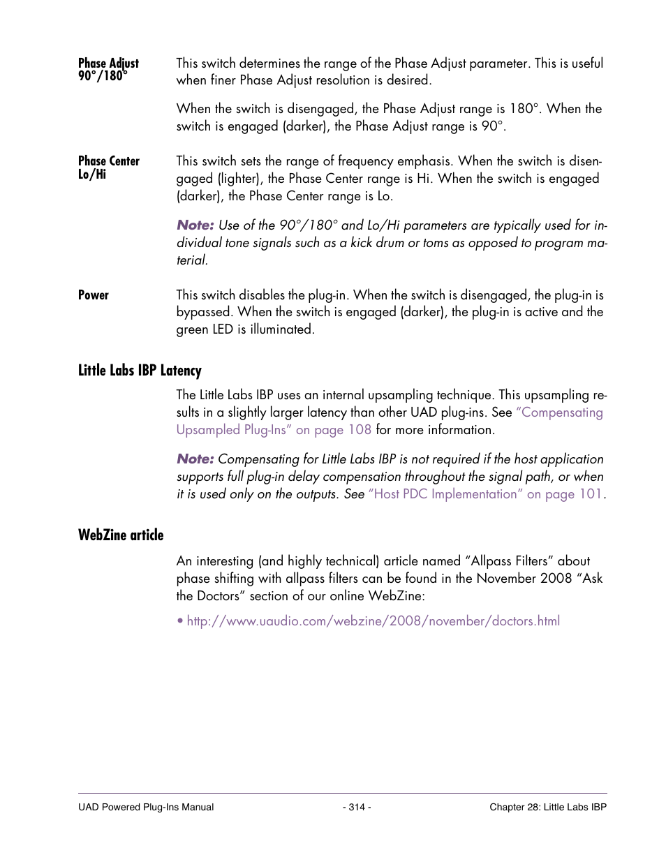 Phase adjust 90°/180, Phase center lo/hi, Power | Little labs ibp latency, Webzine article | Universal Audio UAD POWERED PLUG-INS ver.6.1 User Manual | Page 314 / 585