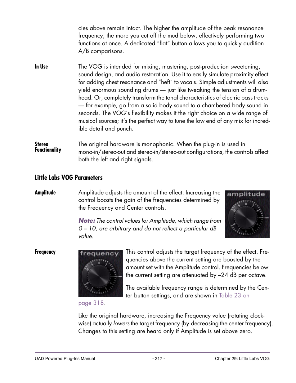 In use, Stereo functionality, Little labs vog parameters | Amplitude, Frequency | Universal Audio UAD POWERED PLUG-INS ver.6.1 User Manual | Page 317 / 585