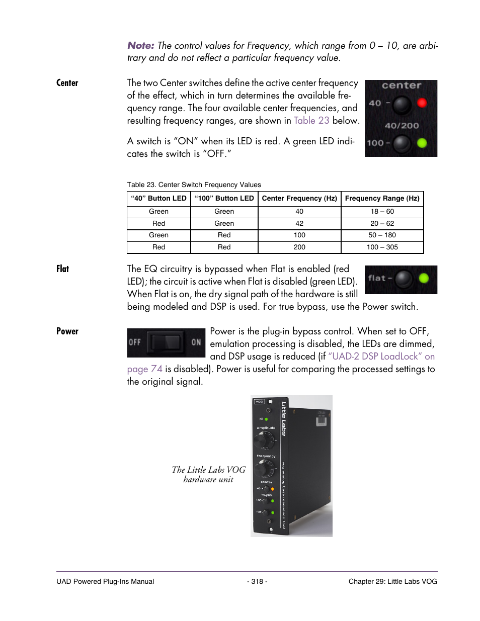 Center, Flat, Power | Ter button settings, and are shown in, Table 23 on | Universal Audio UAD POWERED PLUG-INS ver.6.1 User Manual | Page 318 / 585