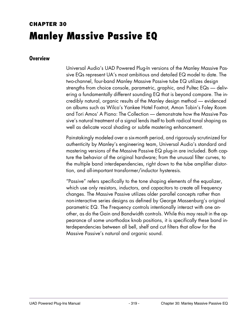 Manley massive passive eq, Overview, Chapter 30. manley massive passive eq | Universal Audio UAD POWERED PLUG-INS ver.6.1 User Manual | Page 319 / 585