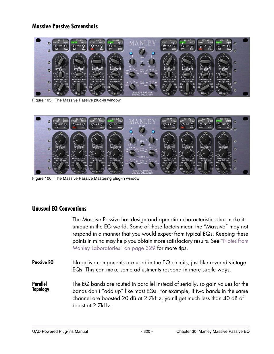 Massive passive screenshots, Unusual eq conventions, Passive eq | Parallel topology, Massive passive screenshots unusual eq conventions | Universal Audio UAD POWERED PLUG-INS ver.6.1 User Manual | Page 320 / 585