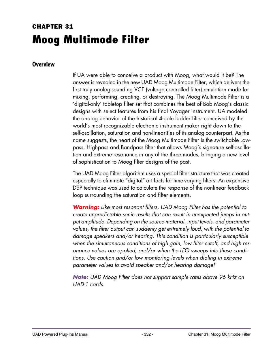 Moog multimode filter, Overview, Chapter 31. moog multimode filter | Universal Audio UAD POWERED PLUG-INS ver.6.1 User Manual | Page 332 / 585