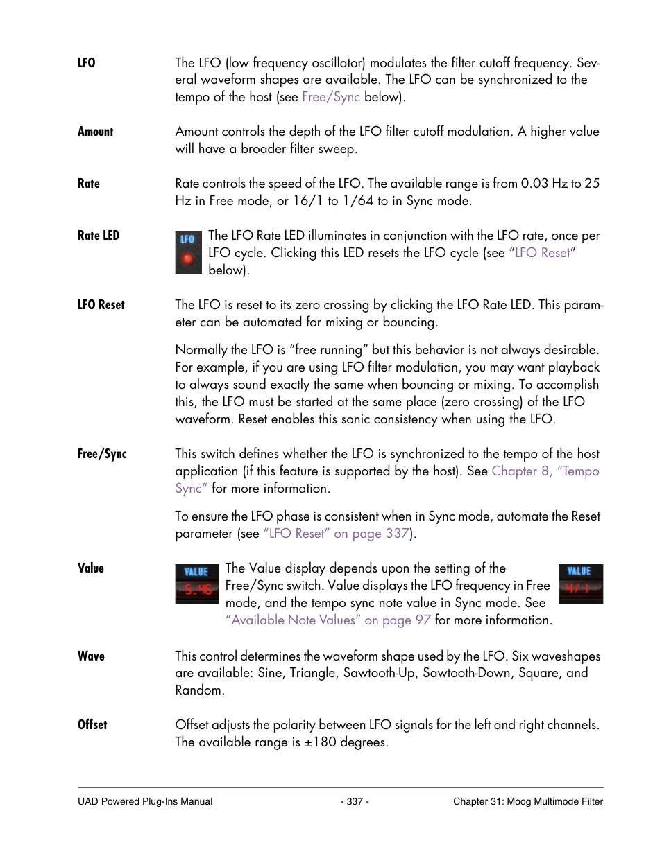 Amount, Rate, Rate led | Lfo reset, Free/sync, Value, Wave, Offset | Universal Audio UAD POWERED PLUG-INS ver.6.1 User Manual | Page 337 / 585