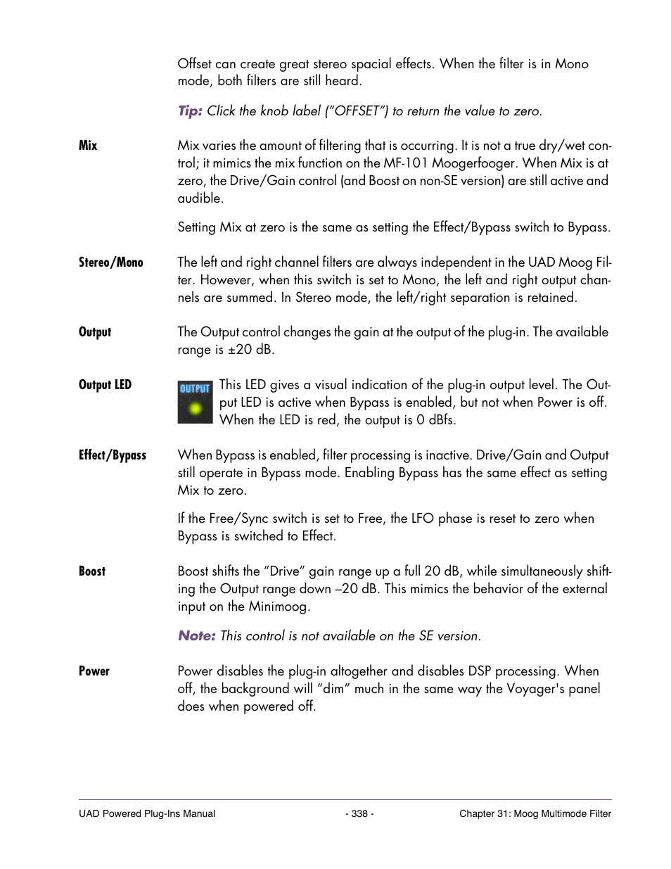 Stereo/mono, Output, Output led | Effect/bypass, Boost, Power, Used in conjunction with the boost switch (see, Boost” on | Universal Audio UAD POWERED PLUG-INS ver.6.1 User Manual | Page 338 / 585