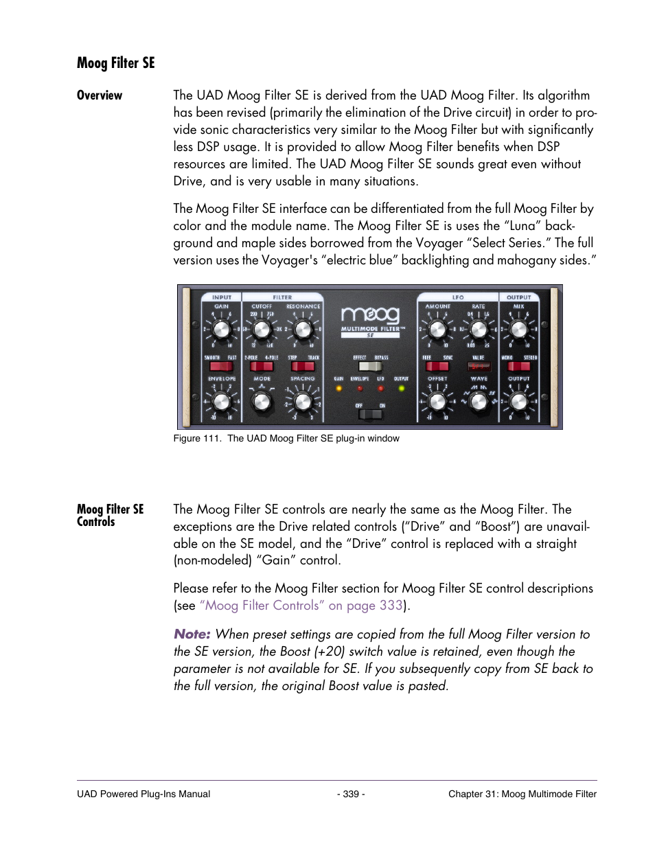 Moog filter se, Overview, Moog filter se controls | Universal Audio UAD POWERED PLUG-INS ver.6.1 User Manual | Page 339 / 585