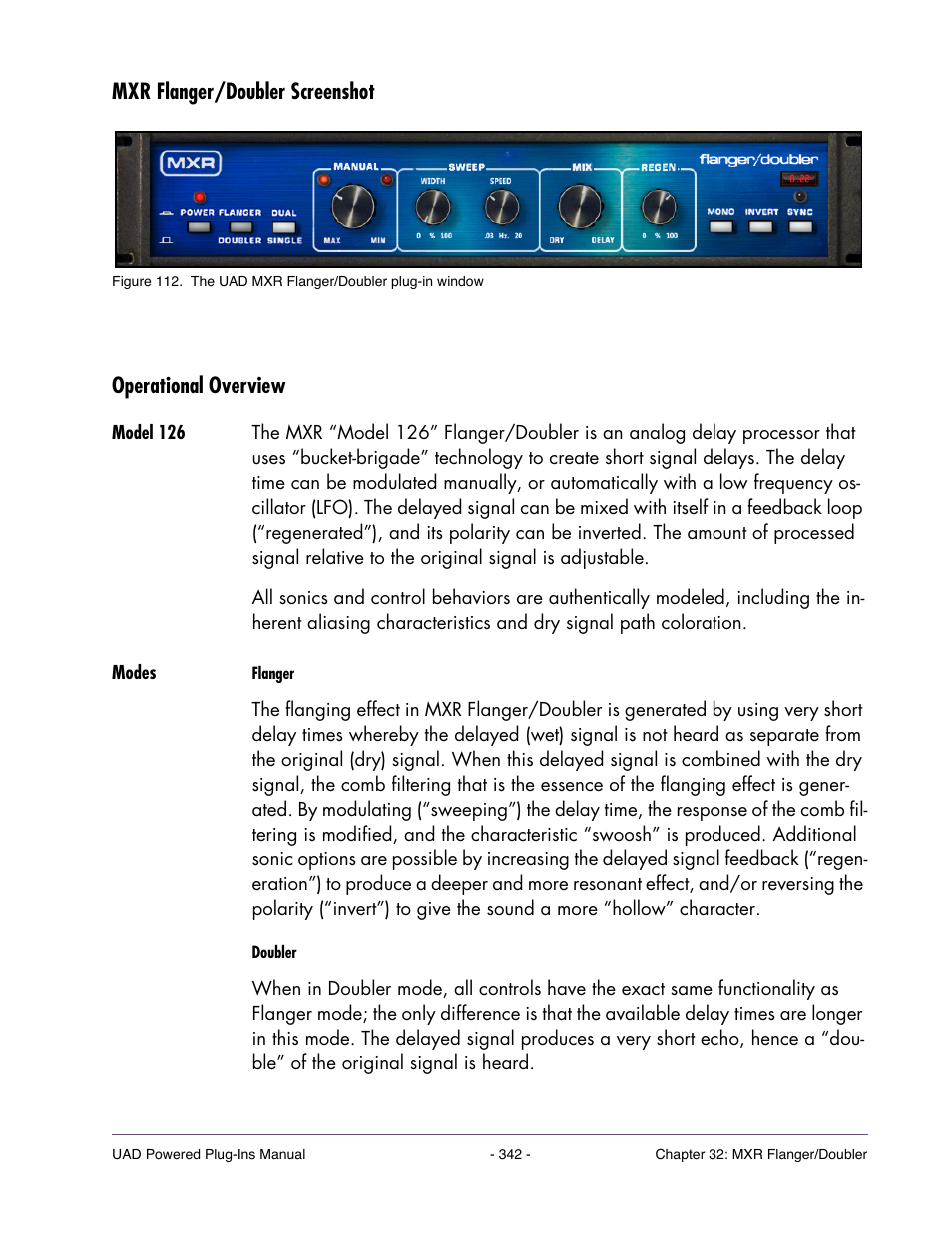 Mxr flanger/doubler screenshot, Operational overview, Model 126 | Modes | Universal Audio UAD POWERED PLUG-INS ver.6.1 User Manual | Page 342 / 585